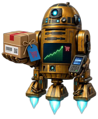 R2's commerce droid, carrying a parcel and a card terminal