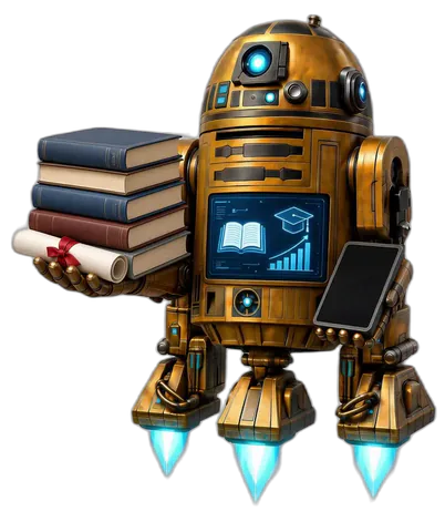 R2's e-learning droid, carrying a stack of books and a diploma