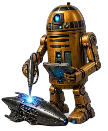 R2's droid welding a broken ship, a diagnostics tablet in its other hand